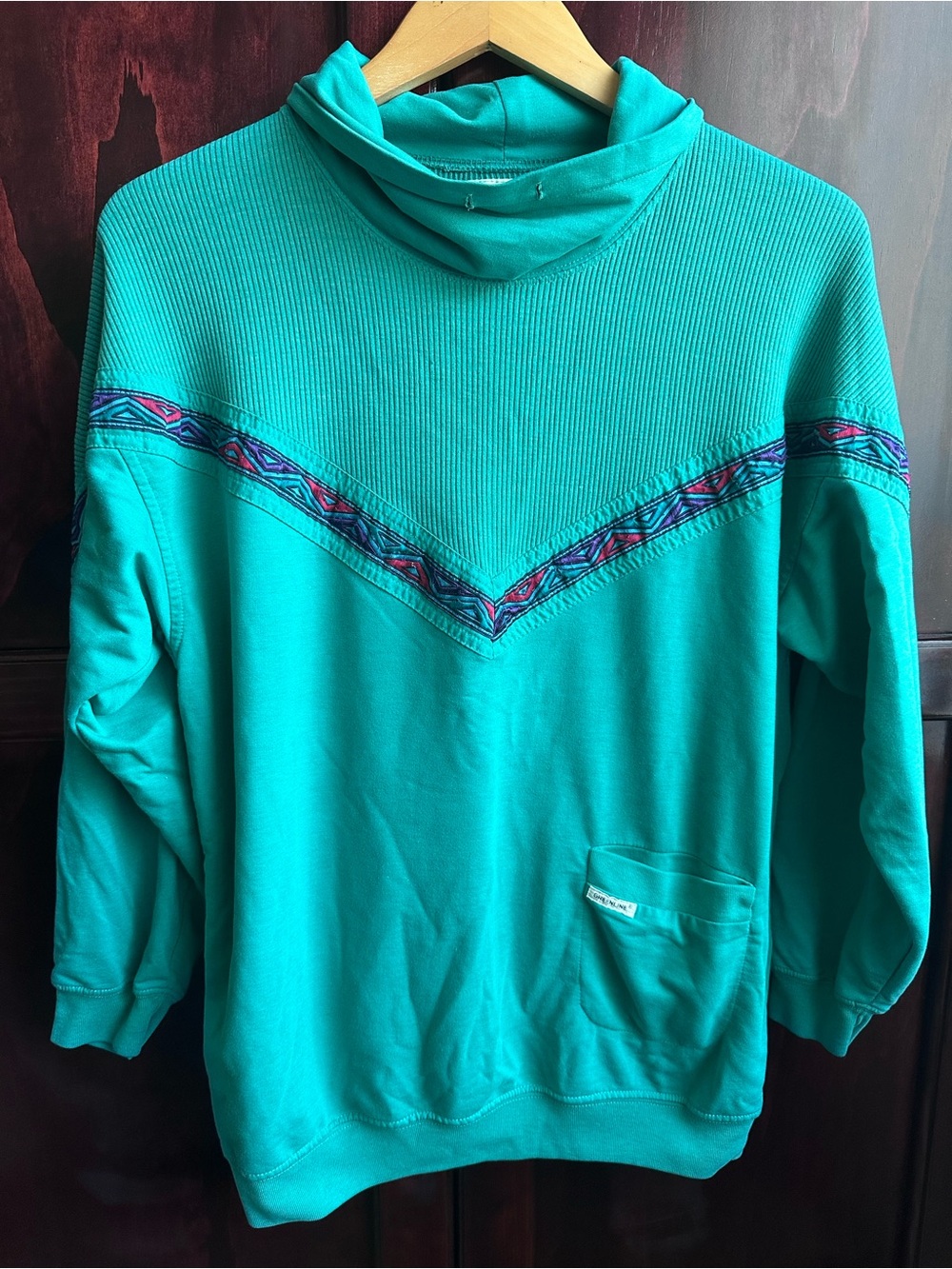 80s Vintage Teal Cowl Neck Pullover Sweater with Geometric pattern
